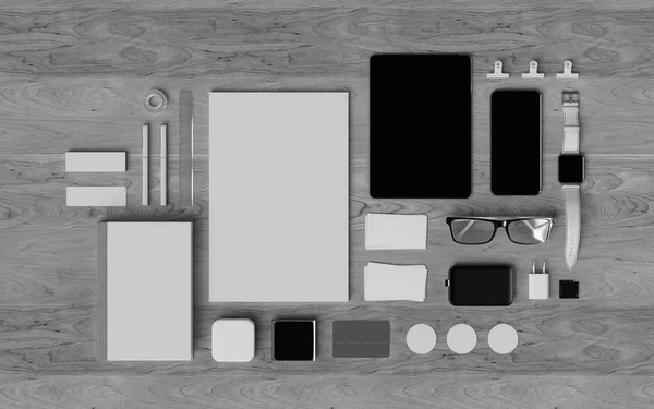 Чорно-білий канцелярський та брендовий макет. Офісне приладдя, гаджети. 3D ілюстрація — стокове фото
