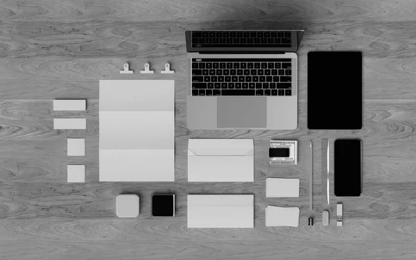 Modèle noir et blanc de papeterie et de marque. Des fournitures de bureau, Gadgets. Illustration 3D — Photo