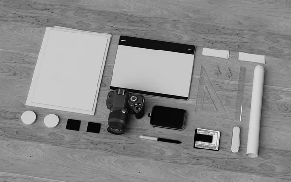 Mustavalkoinen paperi & brändäys Mockup. Toimistotarvikkeita. 3D-kuva — kuvapankkivalokuva