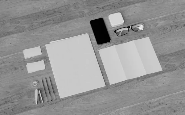 Black and White Stationery & Branding Mockup . Office supplies, Gadgets. 3D illustration