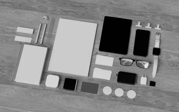 Black and White Stationery & Branding Mockup . Office supplies, Gadgets. 3D illustration — Stock Photo, Image