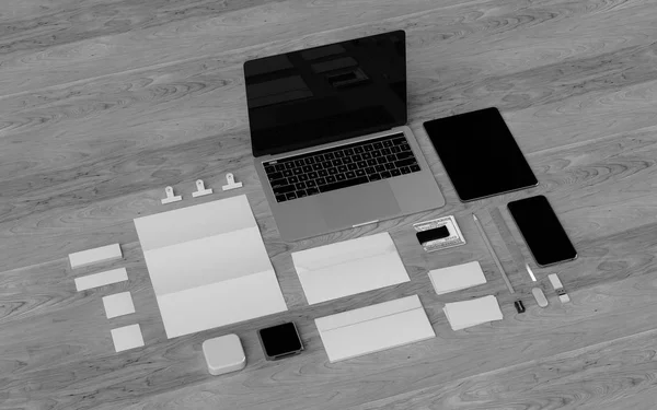 Μαύρο και άσπρο χαρτικά & Branding κοροϊδεύω. Είδη γραφείου, Gadgets. 3D απεικόνιση — Φωτογραφία Αρχείου