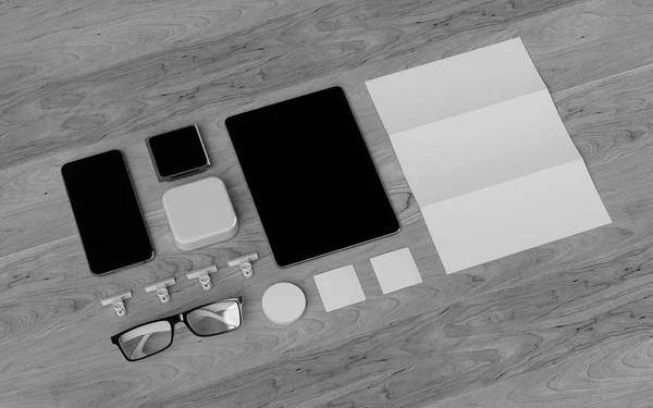 Papelería y Branding Mockup en blanco y negro. Material de oficina, Gadgets. Ilustración 3D — Foto de Stock