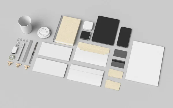 Branding Mock Up. Material de oficina, Gadgets. Ilustración 3D —  Fotos de Stock
