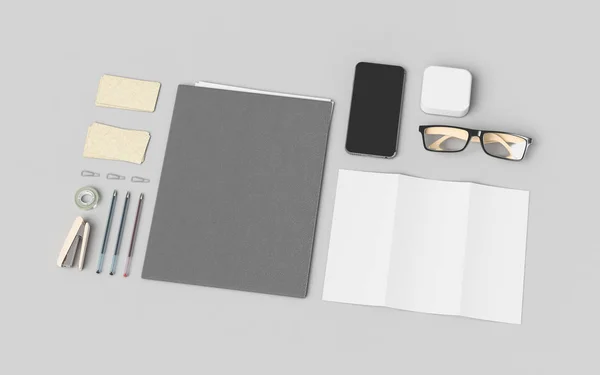 Branding Mock Up. Material de oficina, Gadgets. Ilustración 3D —  Fotos de Stock