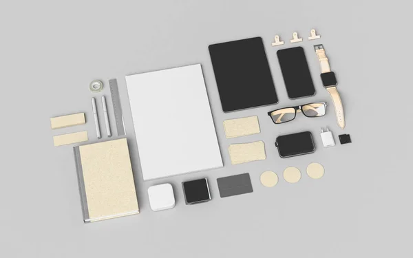 Branding Mock Up. Kantoorartikelen, Gadgets. 3D illustratie — Stockfoto