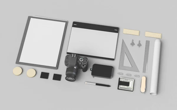 Branding Mock Up. Kantoorartikelen, Gadgets. 3D illustratie — Stockfoto