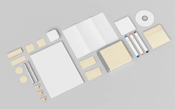 Branding Mock upp. Kontorsmaterial, prylar. 3D illustration — Stockfoto