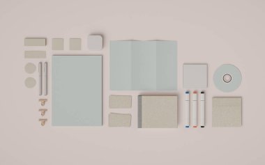 İleti örneği ve Mockup marka. Ofis, banka donatımı, becerikli alet. 3D çizim