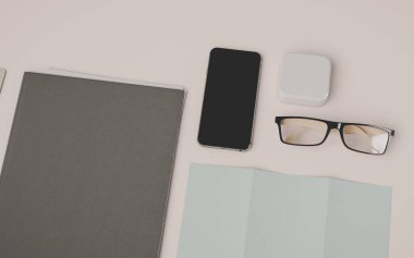 İleti örneği ve Mockup marka. Ofis, banka donatımı, becerikli alet. 3D çizim