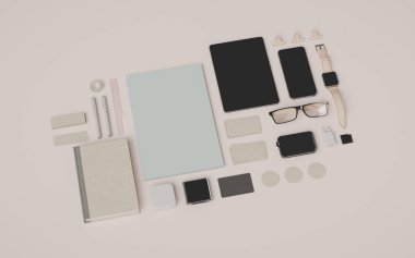 İleti örneği ve Mockup marka. Ofis, banka donatımı, becerikli alet. 3D çizim