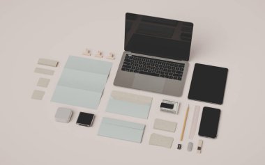 İleti örneği ve Mockup marka. Ofis, banka donatımı, becerikli alet. 3D çizim