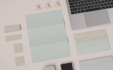 İleti örneği ve Mockup marka. Ofis, banka donatımı, becerikli alet. 3D çizim
