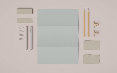 İleti örneği ve Mockup marka. Ofis, banka donatımı, becerikli alet. 3D çizim