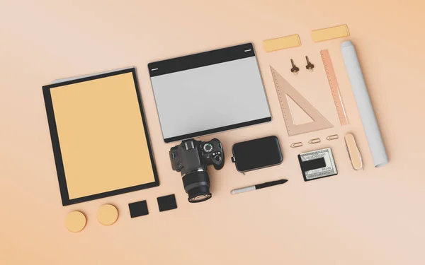 Products branding mockup template. Office supplies, Gadgets. 3D illustration