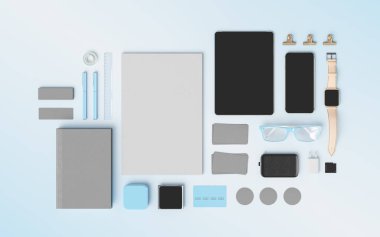 Mockup şablon marka ürünler. Ofis, banka donatımı, becerikli alet. 3D çizim