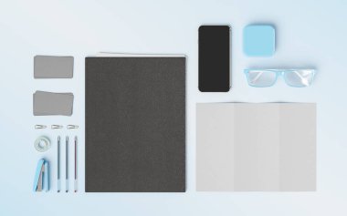 Mockup şablon marka ürünler. Ofis, banka donatımı, becerikli alet. 3D çizim