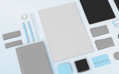 Mockup şablon marka ürünler. Ofis, banka donatımı, becerikli alet. 3D çizim