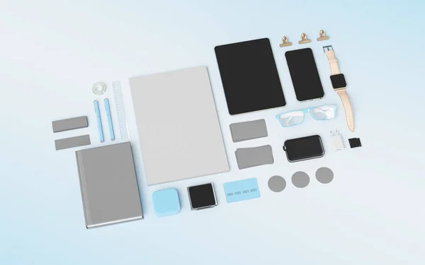 Products branding mockup template. Office supplies, Gadgets. 3D illustration — Stock Photo, Image