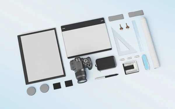 Produtos marca modelo de mockup. Material de escritório, Gadgets. Ilustração 3D — Fotografia de Stock