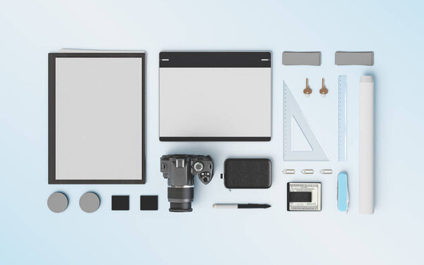 Продукты брендинга шаблон макет. Офисные принадлежности, Гаджеты. 3D иллюстрация
