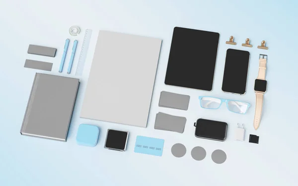 Plantilla de maqueta de marca de productos. Material de oficina, Gadgets. Ilustración 3D —  Fotos de Stock