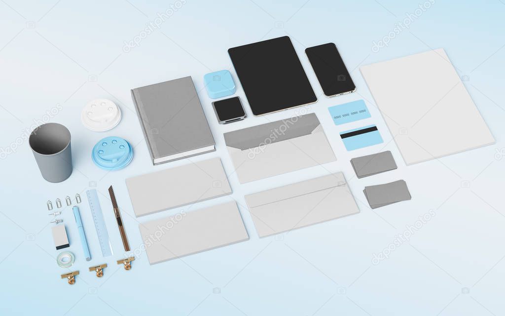 Products branding mockup template. Office supplies, Gadgets. 3D illustration