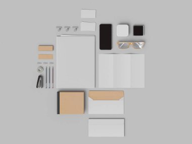 Kurumsal kimlik. Kadar sahte marka. Ofis, banka donatımı, becerikli alet. 3D çizim