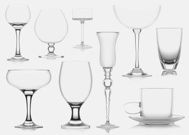 Cam bardak, izole. 3D çizim. Siyah ve beyaz