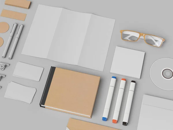 Corporate Identity. Branding Mock Up. Kantoorartikelen, Gadgets. 3D illustratie — Stockfoto