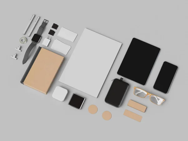 Identita 'aziendale. Branding finto. Forniture d'ufficio, Gadgets. Illustrazione 3D — Foto Stock