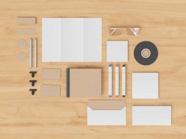 Kurumsal kimlik. Kadar sahte marka. Ofis, banka donatımı, becerikli alet. 3D çizim