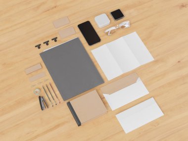 Kurumsal kimlik. Kadar sahte marka. Ofis, banka donatımı, becerikli alet. 3D çizim