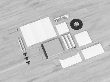 Siyah ve beyaz kurumsal kimlik. Kadar sahte marka. Ofis, banka donatımı, becerikli alet. 3D çizim