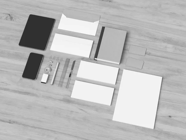 Identidad corporativa en blanco y negro. Branding Mock Up. Material de oficina, Gadgets. Ilustración 3D —  Fotos de Stock