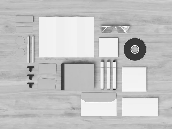 Black and white Corporate Identity. Branding Mock Up. Office supplies, Gadgets. 3D illustration — Stock Photo, Image