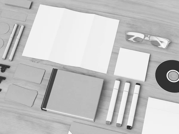 Identité d'entreprise en noir et blanc. Branding Mock Up. Des fournitures de bureau, Gadgets. Illustration 3D — Photo