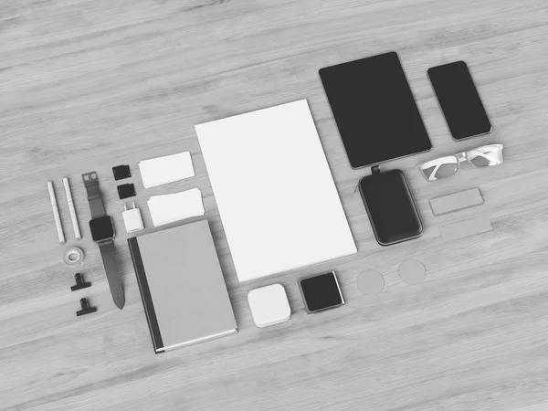 Identidad corporativa en blanco y negro. Branding Mock Up. Material de oficina, Gadgets. Ilustración 3D —  Fotos de Stock