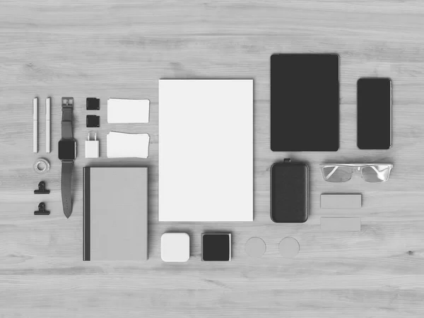 Identité d'entreprise en noir et blanc. Branding Mock Up. Des fournitures de bureau, Gadgets. Illustration 3D — Photo