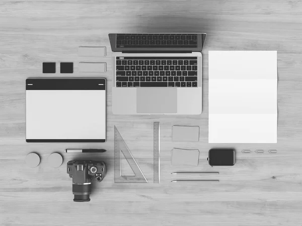 Identidad corporativa en blanco y negro. Branding Mock Up. Material de oficina, Gadgets. Ilustración 3D — Foto de Stock