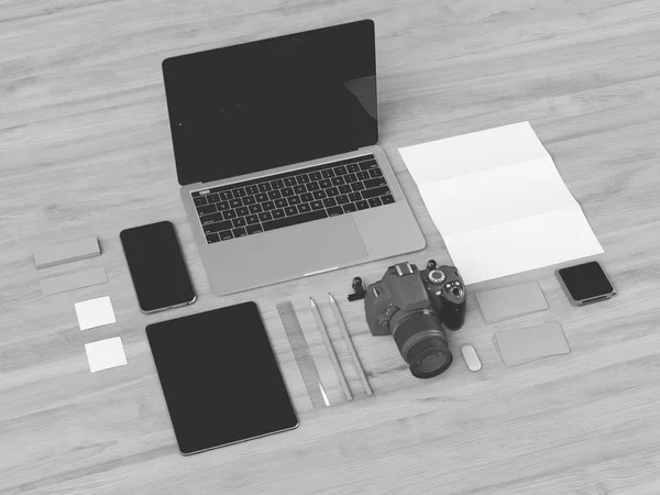 Identité d'entreprise en noir et blanc. Branding Mock Up. Des fournitures de bureau, Gadgets. Illustration 3D — Photo