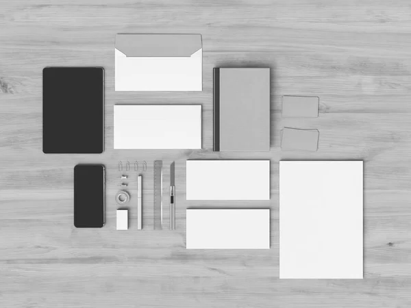 Schwarz-weiße Corporate Identity. Branding-Attrappe. Bürobedarf, Gadgets. 3D-Illustration — Stockfoto
