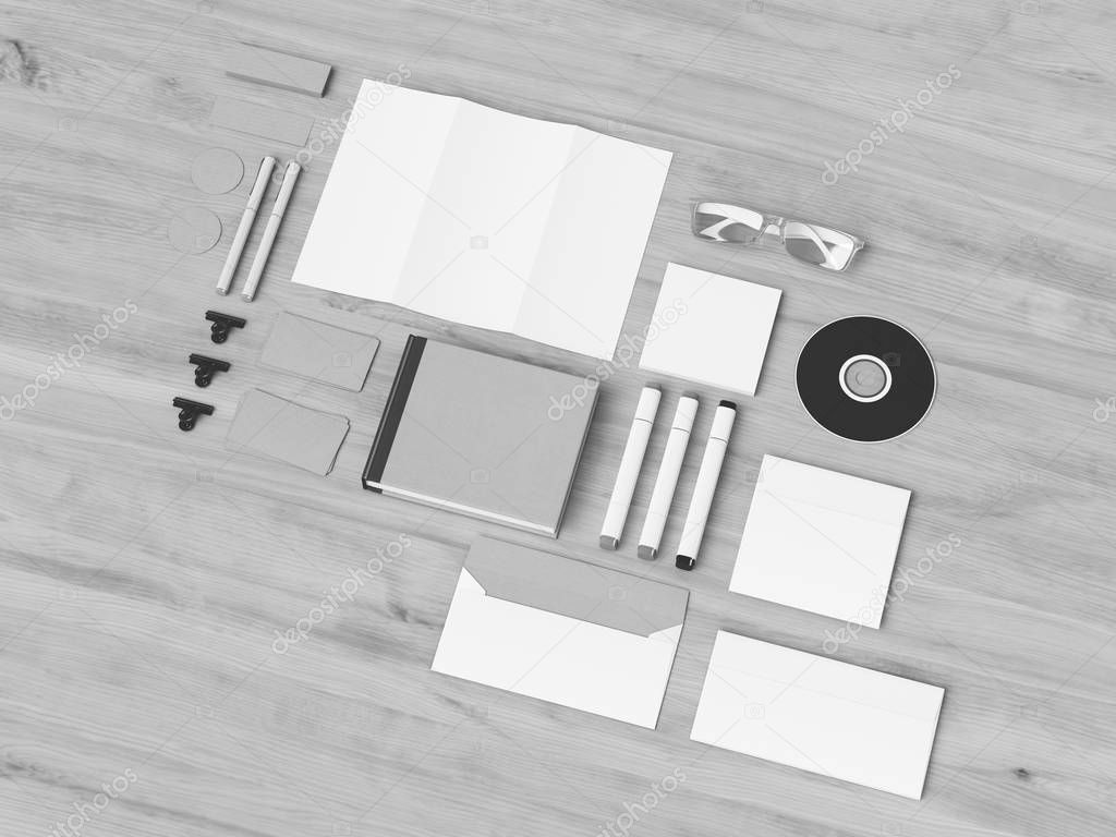 Black and white Corporate Identity. Branding Mock Up. Office supplies, Gadgets. 3D illustration