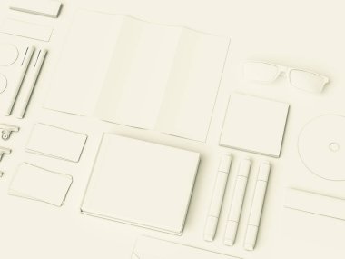 Beyaz kurumsal kimlik. Kadar sahte marka. Ofis, banka donatımı, becerikli alet. 3D çizim