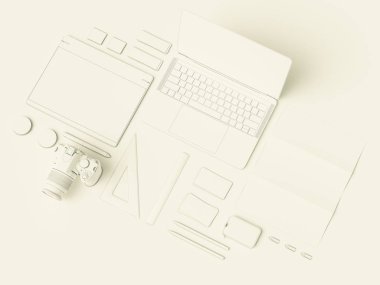 Beyaz kurumsal kimlik. Kadar sahte marka. Ofis, banka donatımı, becerikli alet. 3D çizim