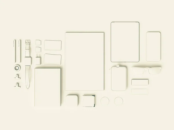 Identita 'aziendale bianca. Branding finto. Forniture d'ufficio, Gadgets. Illustrazione 3D — Foto Stock