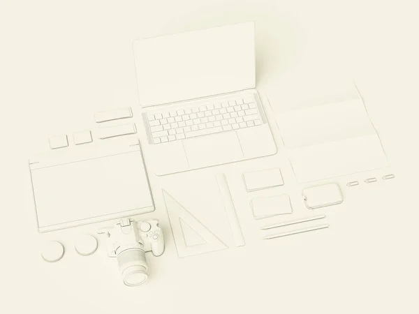 Witte bedrijfsidentiteit. Branding Mock Up. Kantoorartikelen, Gadgets. 3D illustratie — Stockfoto