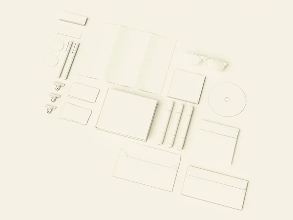 Identita 'aziendale bianca. Branding finto. Forniture d'ufficio, Gadgets. Illustrazione 3D — Foto Stock
