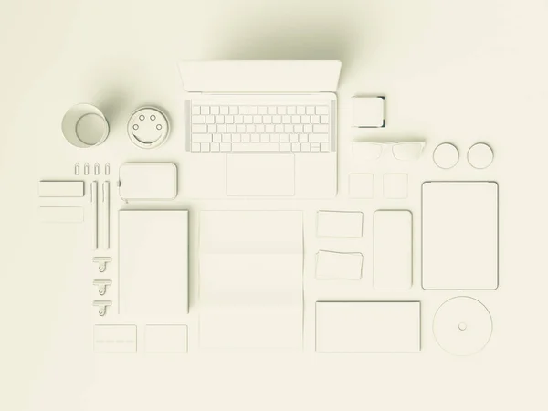 Identidad corporativa blanca. Branding Mock Up. Material de oficina, Gadgets. Ilustración 3D — Foto de Stock