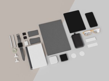 Kurumsal kimlik. Kadar sahte marka. Ofis, banka donatımı, becerikli alet. 3D çizim